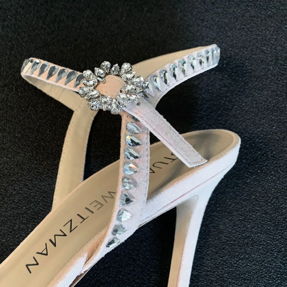 Stuart Weitzman "Gemcut 100" Blush Suede Embellished Sandals Size: 9.5B - $650 - Picture 7 of 13
